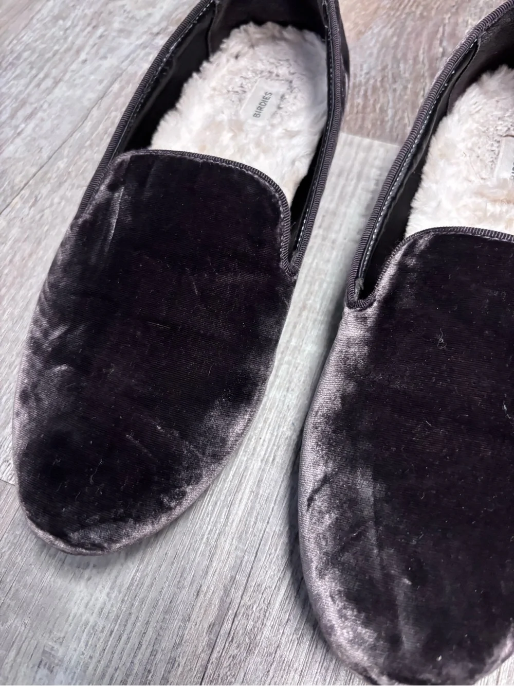 Birdies Velvet The Starling Faux-Fur Lined Flats Deep Gray